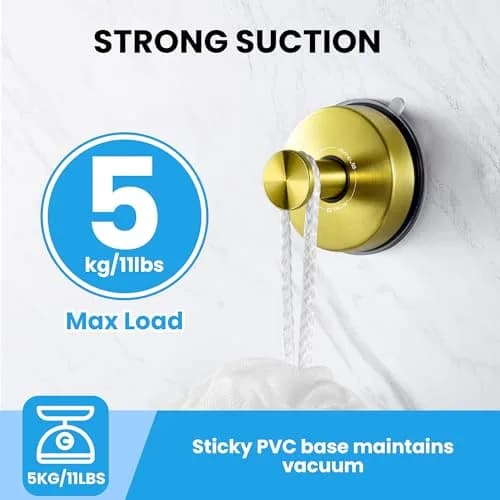 JOMOLA Gold Suction Cup Shower Hooks 2-Pack | Heavy Duty Stainless Steel Wall Mount for Wet Environments thumbnail 6