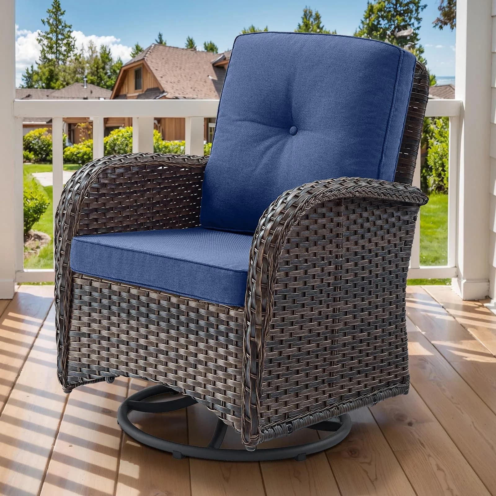 Artfurniz Outdoor Swivel Glider Chairs - 3 Piece Patio Furniture Set, Brown Wicker, Blue Cushions | 360° Swivel & Glide — Brown Wicker - Blue Cushion / 1 PCS - Swivel Glider
