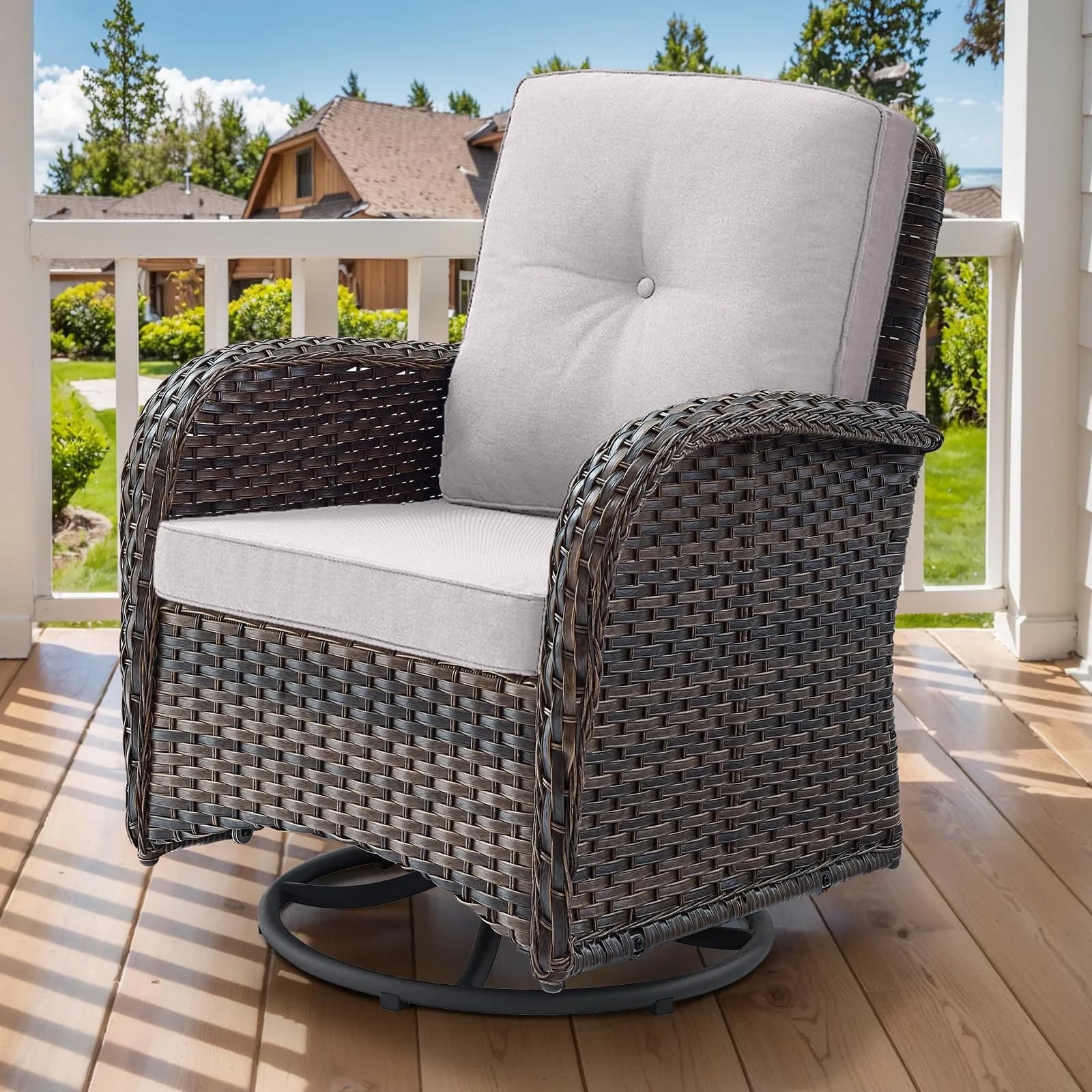 Artfurniz Outdoor Swivel Glider Chairs - 3 Piece Patio Furniture Set, Brown Wicker, Blue Cushions | 360° Swivel & Glide — Brown Wicker - Beige Cushion / 1 PCS - Swivel Glider