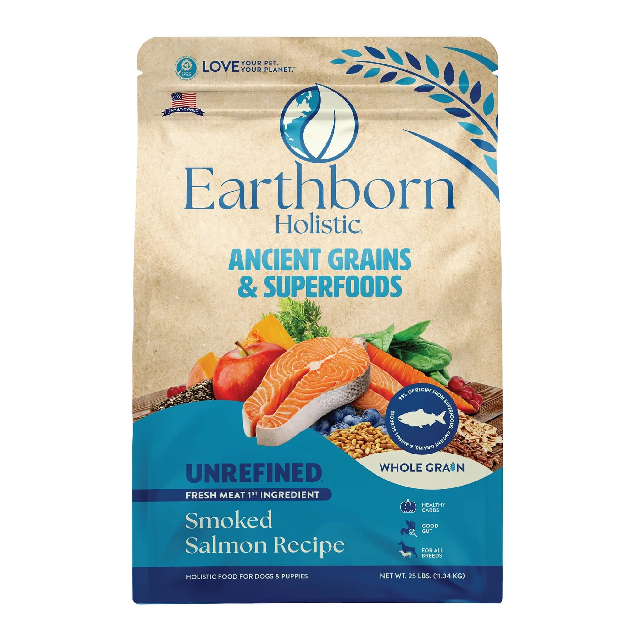 Earthborn Holistic Unrefined with Grains Smoked Salmon Dry Dog Food 25 lb | Ancient Grains & Superfoods for All Breeds — Dry Kibble