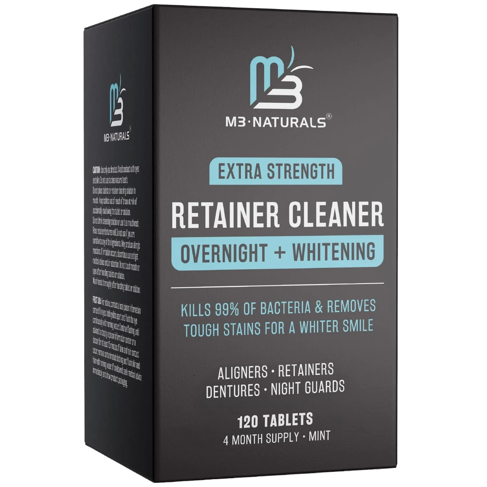 M3 Naturals Mint Retainer Cleaner Tablets 120 Count (4 Month Supply) | Cleans Aligners, Dentures, Mouth Guards — Overnight Whitening