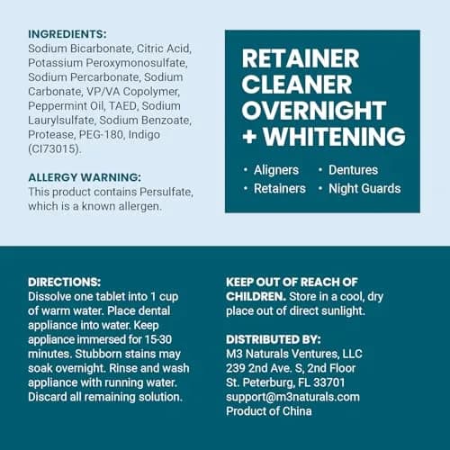 M3 Naturals Overnight Whitening Retainer Cleaner Tablets 120 Count | Cleans and Whitens Dental Appliances thumbnail 2