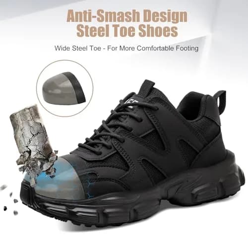 Hogent Steel Toe Shoes for Men & Women, Black Work Safety Sneakers 230g (8.1 oz) | Puncture-Proof Kevlar Midsole thumbnail 3
