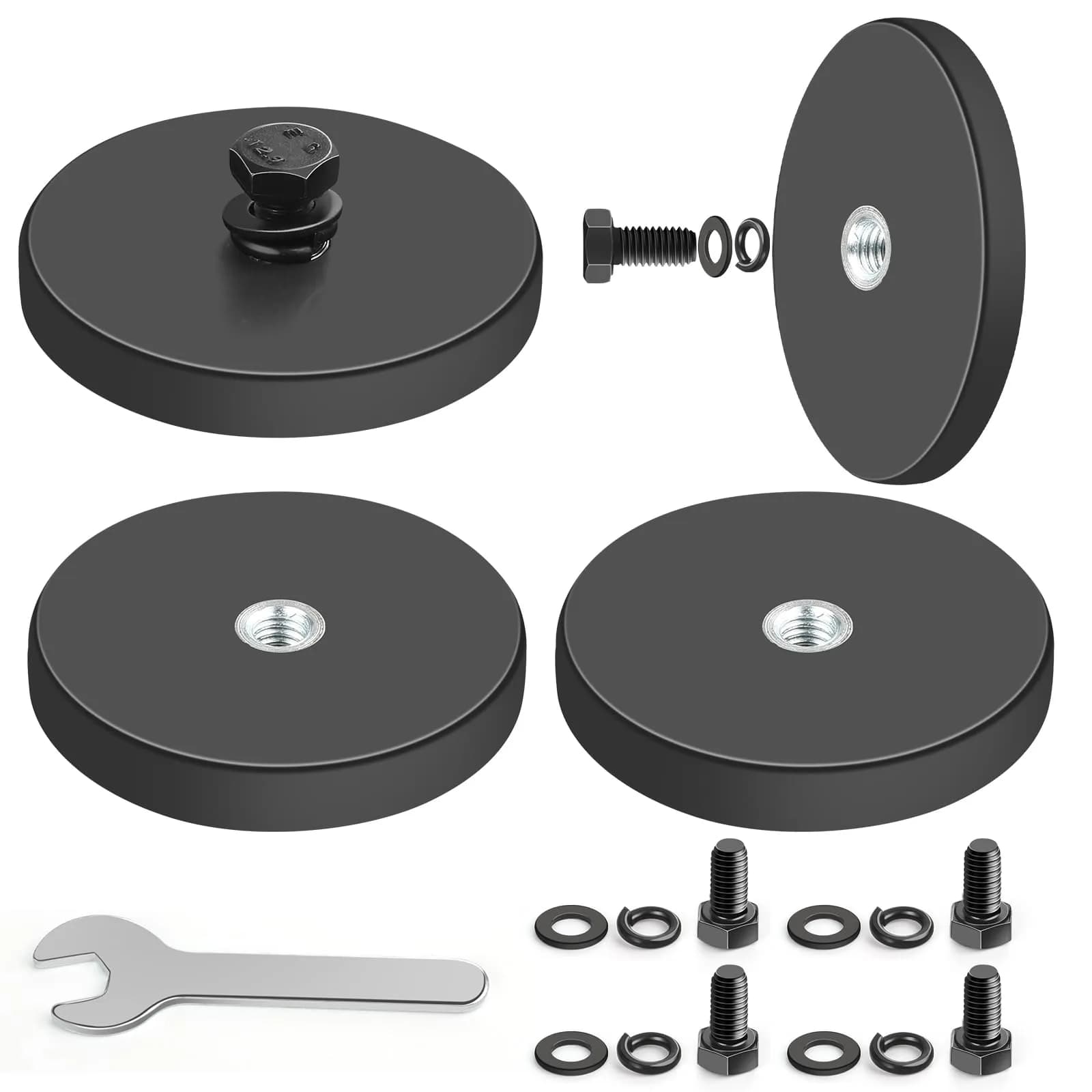 DIYMAG Rubber Coated Magnets 4 Pack | Strong Neodymium Base with M5 Studs for Light & Tool Mounting — 43mm Hex Bolt