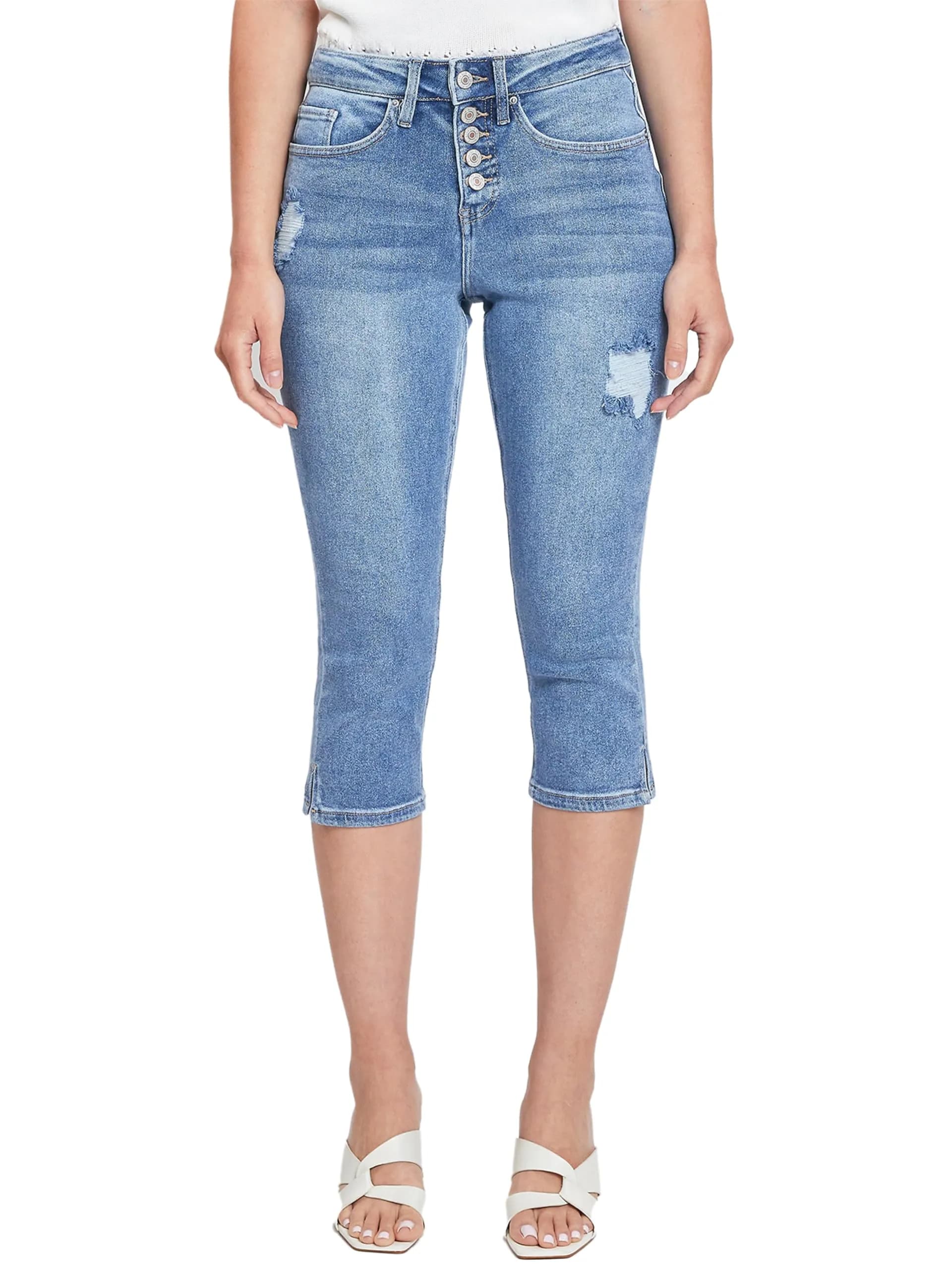 Royalty For Me Women's Vintage High Rise Capri Jeans, Medium Blue Rips, 14 | Classic 5-Button, Side Slit Hem, 21" Inseam - main product image