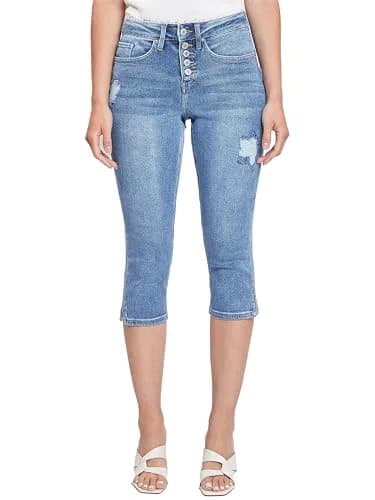 Royalty For Me Women's Vintage High Rise Capri Jeans, Medium Blue Rips, 14 | Classic 5-Button, Side Slit Hem, 21" Inseam thumbnail 1