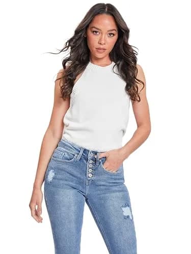 Royalty For Me Women's Vintage High Rise Capri Jeans, Medium Blue Rips, 14 | Classic 5-Button, Side Slit Hem, 21" Inseam thumbnail 2