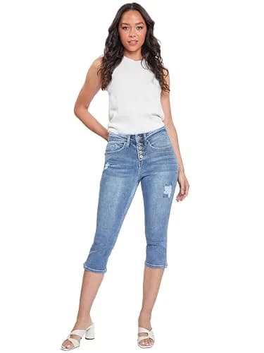 Royalty For Me Women's Vintage High Rise Capri Jeans, Medium Blue Rips, 14 | Classic 5-Button, Side Slit Hem, 21" Inseam thumbnail 3