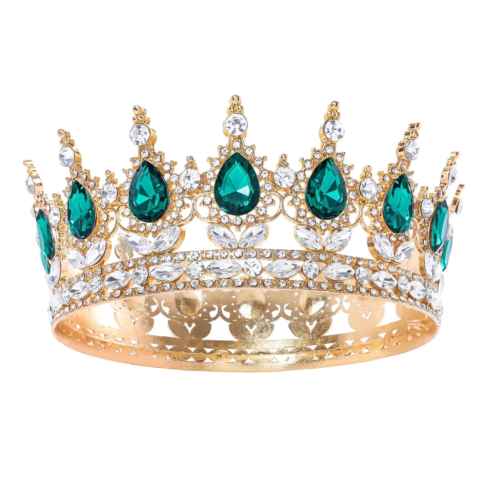Feltent Green Crystal Queen Crown Princess Tiara for Women | 11.8 cm (4.72 inches) Diameter
