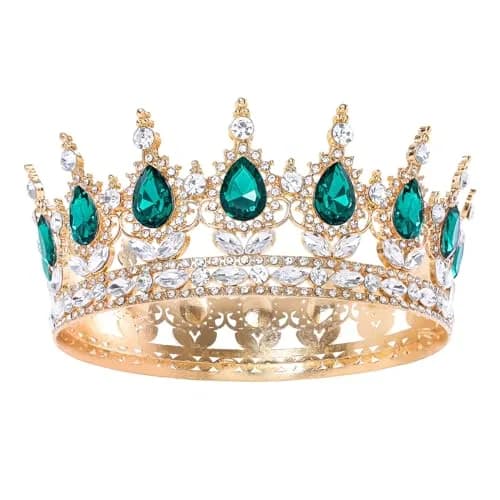 Feltent Green Crystal Queen Crown Princess Tiara for Women | 11.8 cm (4.72 inches) Diameter thumbnail 1