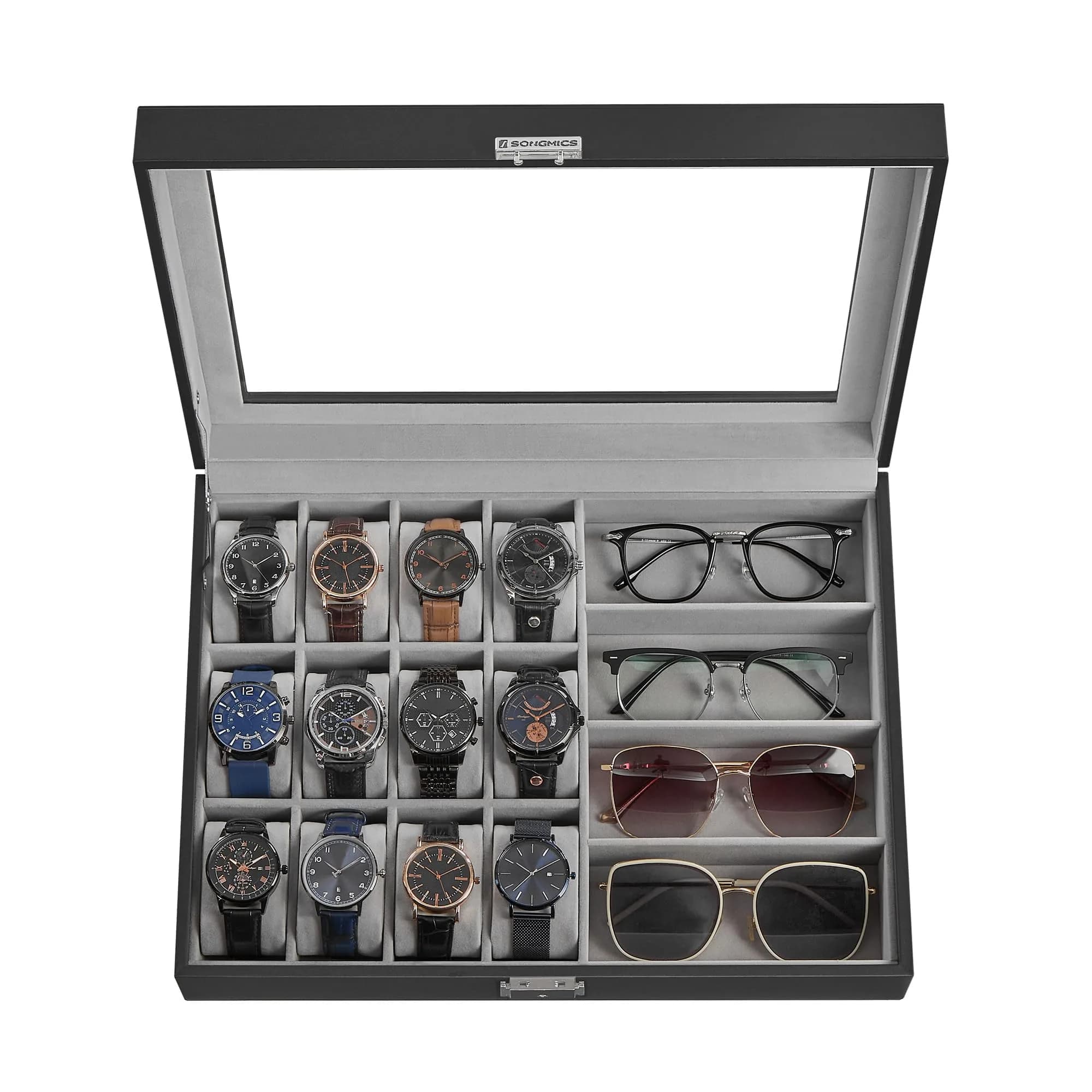 SONGMICS 12 Watch Display Case with Hidden Storage 32.5 cm (12.8 in) | Organize Your Collection — Ink Black + Dove Gray