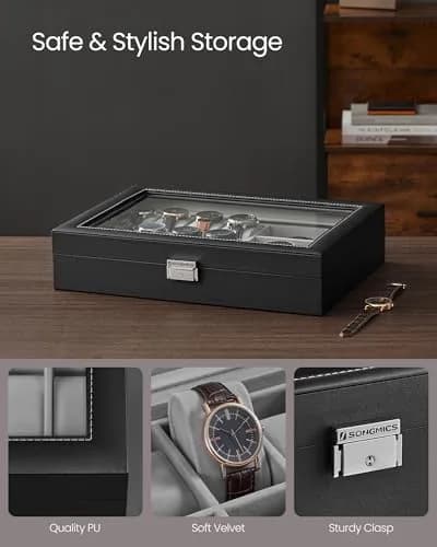 SONGMICS 16-Slot Watch and Sunglasses Box with Glass Lid, 29 x 39 x 8 cm | Protects Timepieces & Accessories thumbnail 4