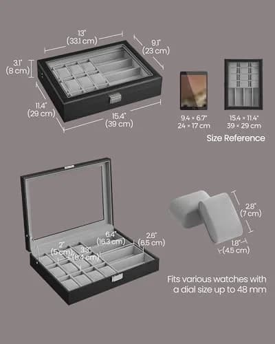 SONGMICS 16-Slot Watch and Sunglasses Box with Glass Lid, 29 x 39 x 8 cm | Protects Timepieces & Accessories thumbnail 5