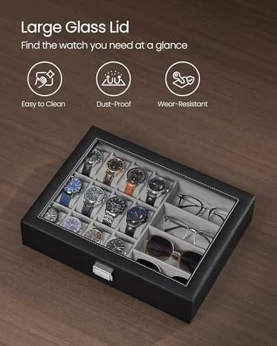SONGMICS 16-Slot Watch and Sunglasses Box with Glass Lid, 29 x 39 x 8 cm | Protects Timepieces & Accessories thumbnail 6