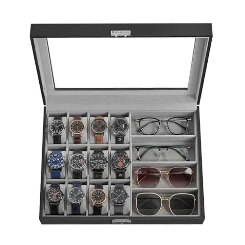 SONGMICS 16-Slot Watch and Sunglasses Box with Glass Lid, 29 x 39 x 8 cm | Protects Timepieces & Accessories thumbnail 1