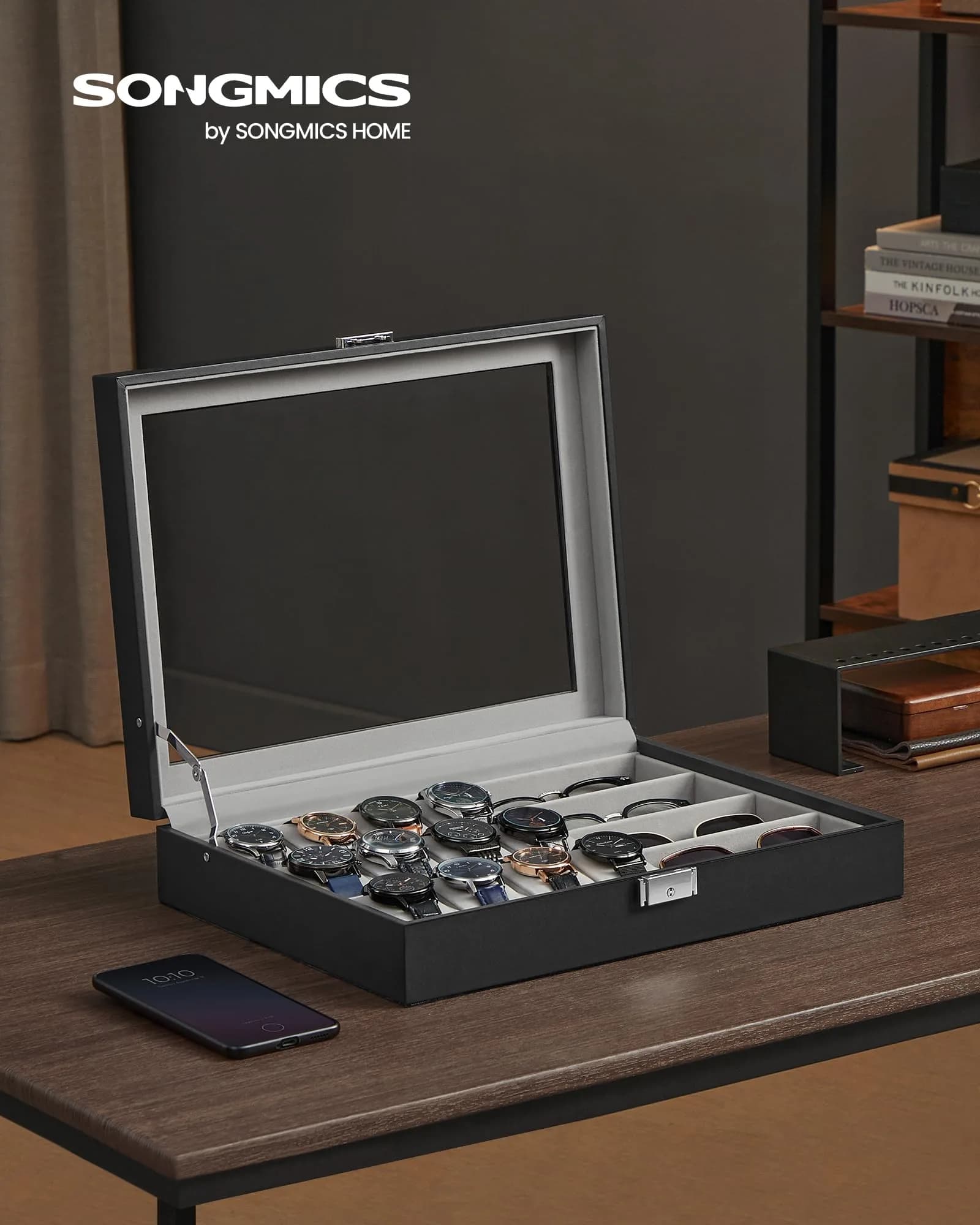 SONGMICS 16-Slot Watch and Sunglasses Box with Glass Lid, 29 x 39 x 8 cm | Protects Timepieces & Accessories - view 2