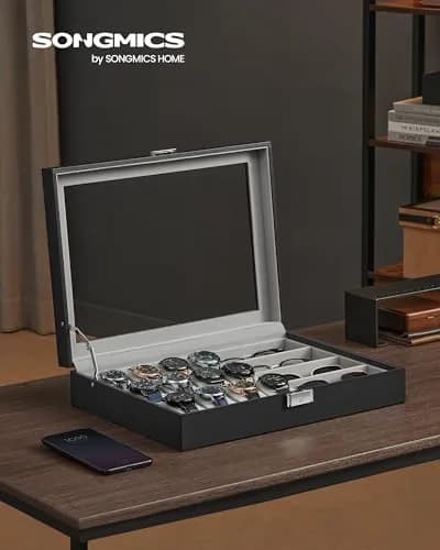 SONGMICS 16-Slot Watch and Sunglasses Box with Glass Lid, 29 x 39 x 8 cm | Protects Timepieces & Accessories thumbnail 2