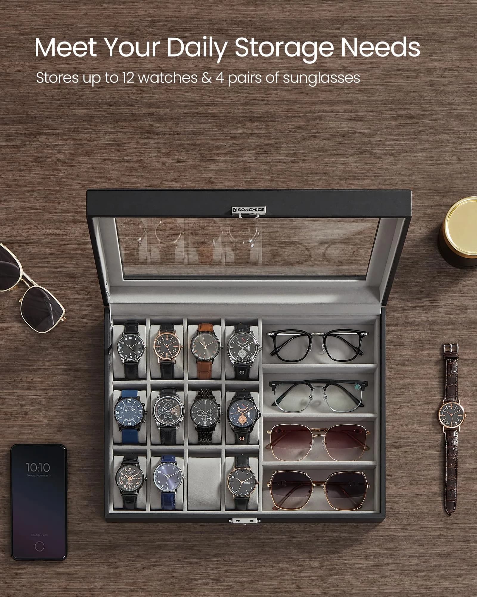SONGMICS 16-Slot Watch and Sunglasses Box with Glass Lid, 29 x 39 x 8 cm | Protects Timepieces & Accessories - view 3