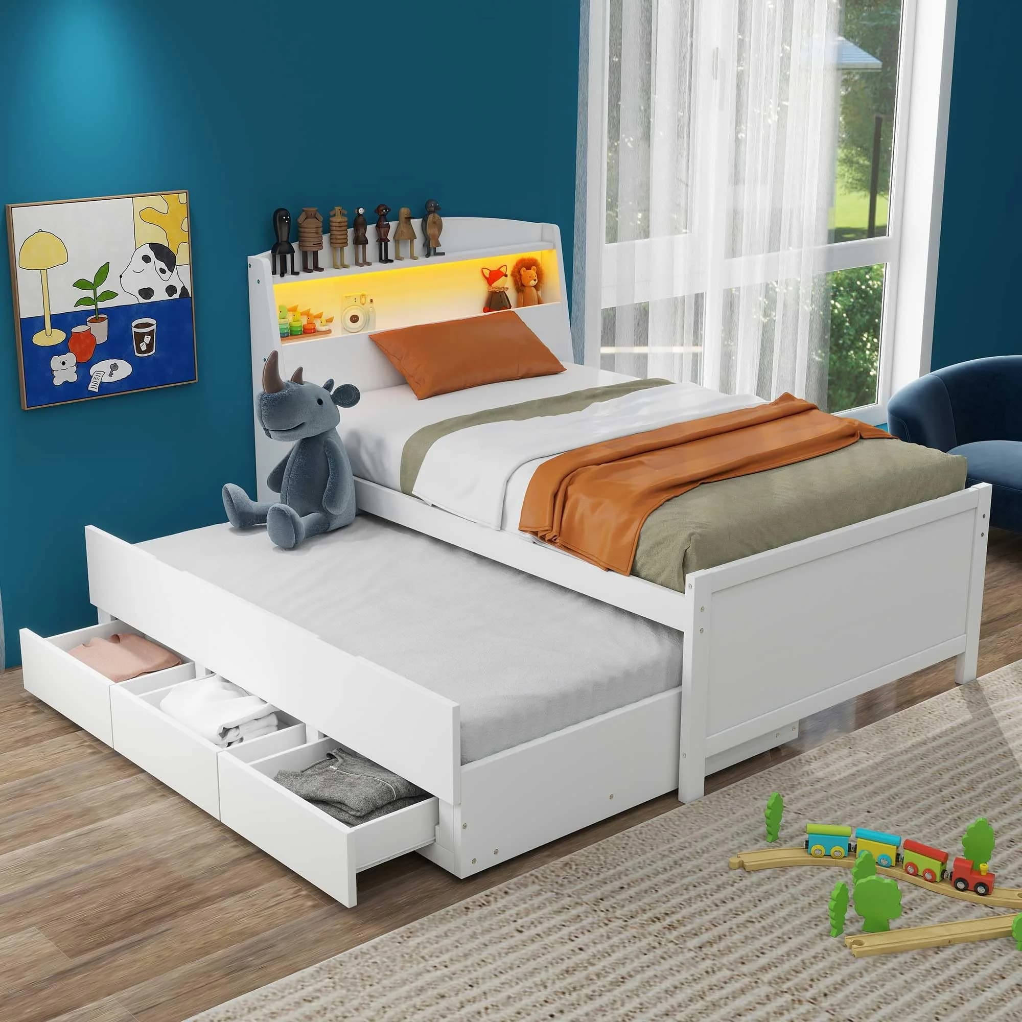 Brisca Twin Size Bed Frame with Storage LED Headboard & Trundle | Solid Wood, White
