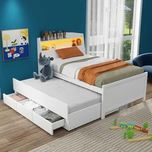 Brisca Twin Size Bed Frame with Storage LED Headboard & Trundle | Solid Wood, White thumbnail 1