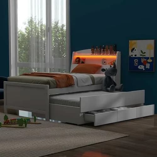 Brisca Twin Size Bed Frame with Storage LED Headboard & Trundle | Solid Wood, White thumbnail 4