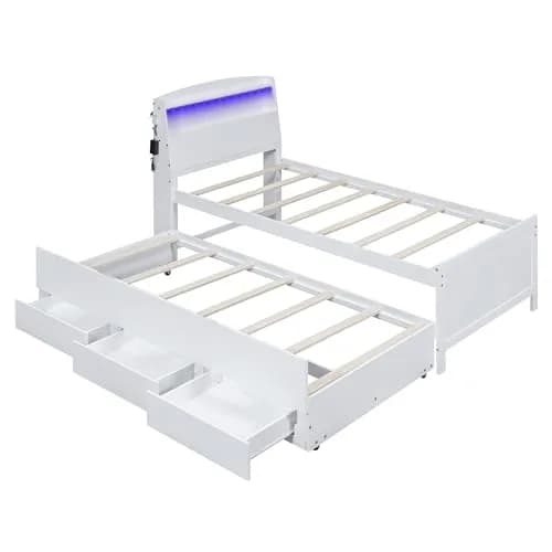 Brisca Twin Size Bed Frame with Storage LED Headboard & Trundle | Solid Wood, White thumbnail 5