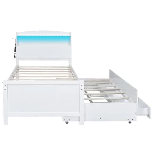 Brisca Twin Size Bed Frame with Storage LED Headboard & Trundle | Solid Wood, White thumbnail 6