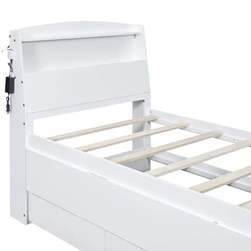 Brisca Twin Size Bed Frame with Storage LED Headboard & Trundle | Solid Wood, White thumbnail 8