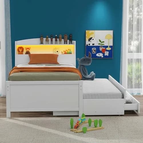 Brisca Twin Size Bed Frame with Storage LED Headboard & Trundle | Solid Wood, White thumbnail 2
