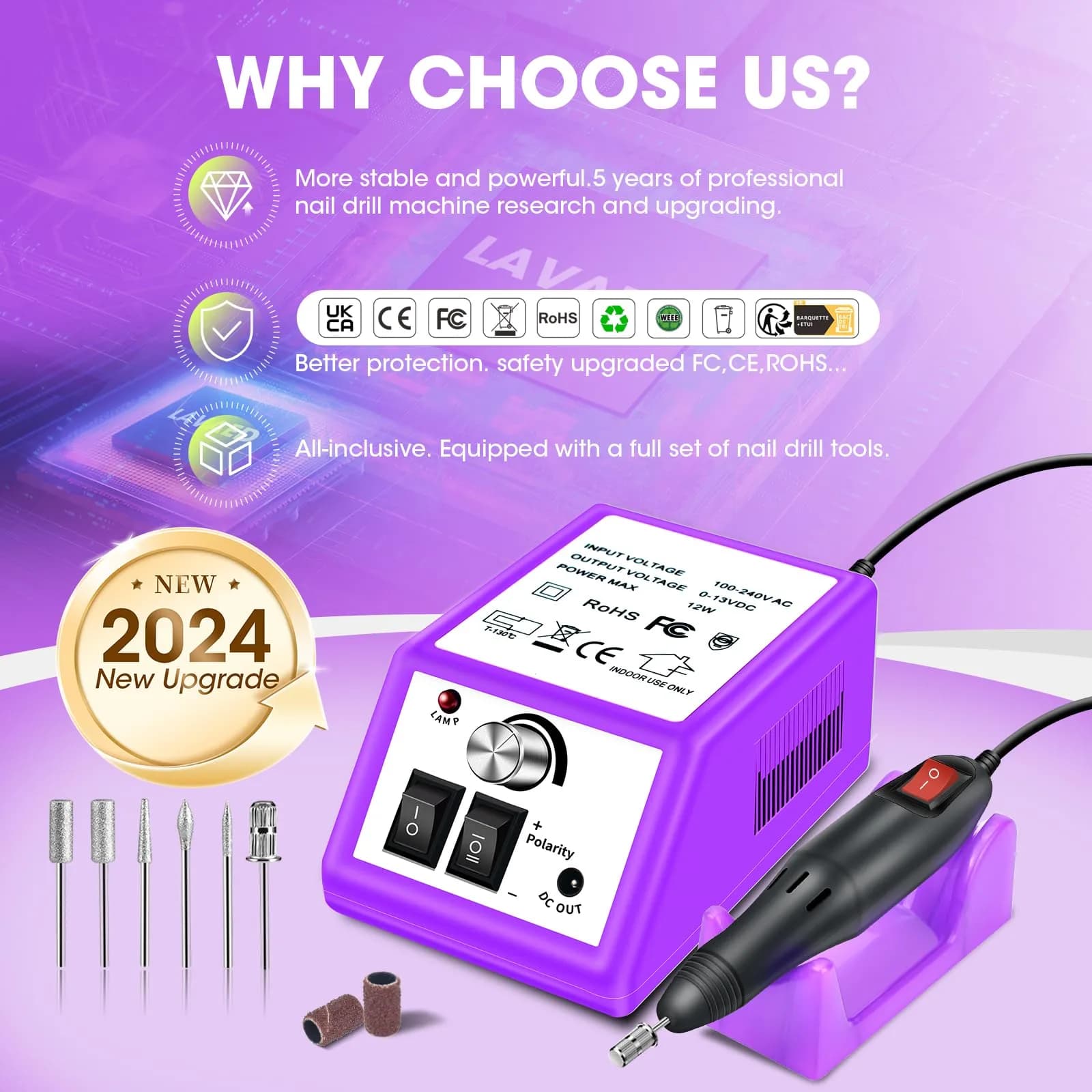 LAVAED Professional Nail Drill 20000 RPM Purple | Electric Nail File Kit with 156 Sanding Bands & Bits - view 5