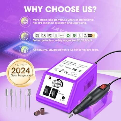 LAVAED Professional Nail Drill 20000 RPM Purple | Electric Nail File Kit with 156 Sanding Bands & Bits thumbnail 5