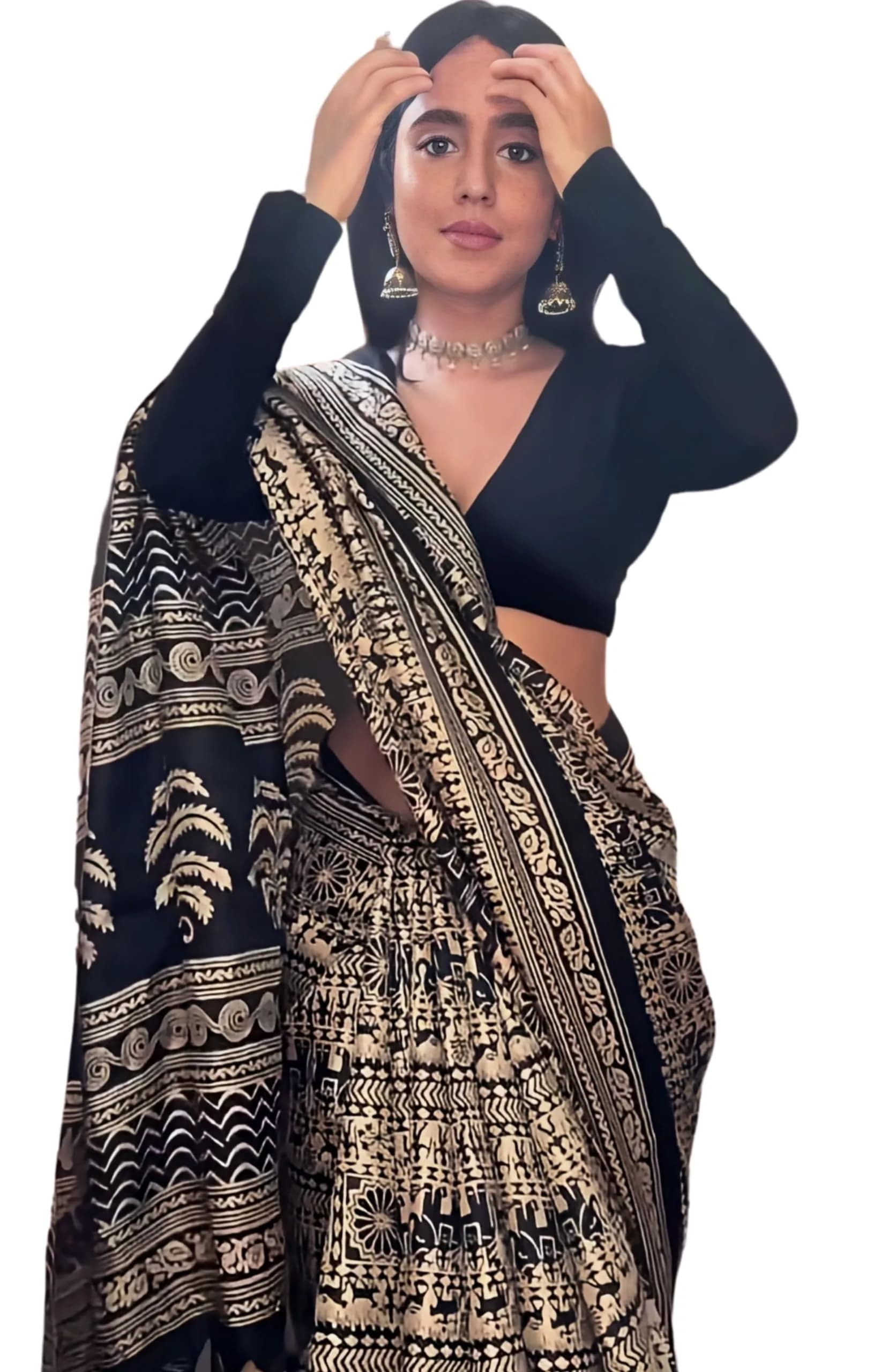 Ethnic Junction Women's Art Silk Kalamkari Print Saree with Blouse Piece, Black & Beige, 5.5m (18 ft) | Traditional Indian Wear