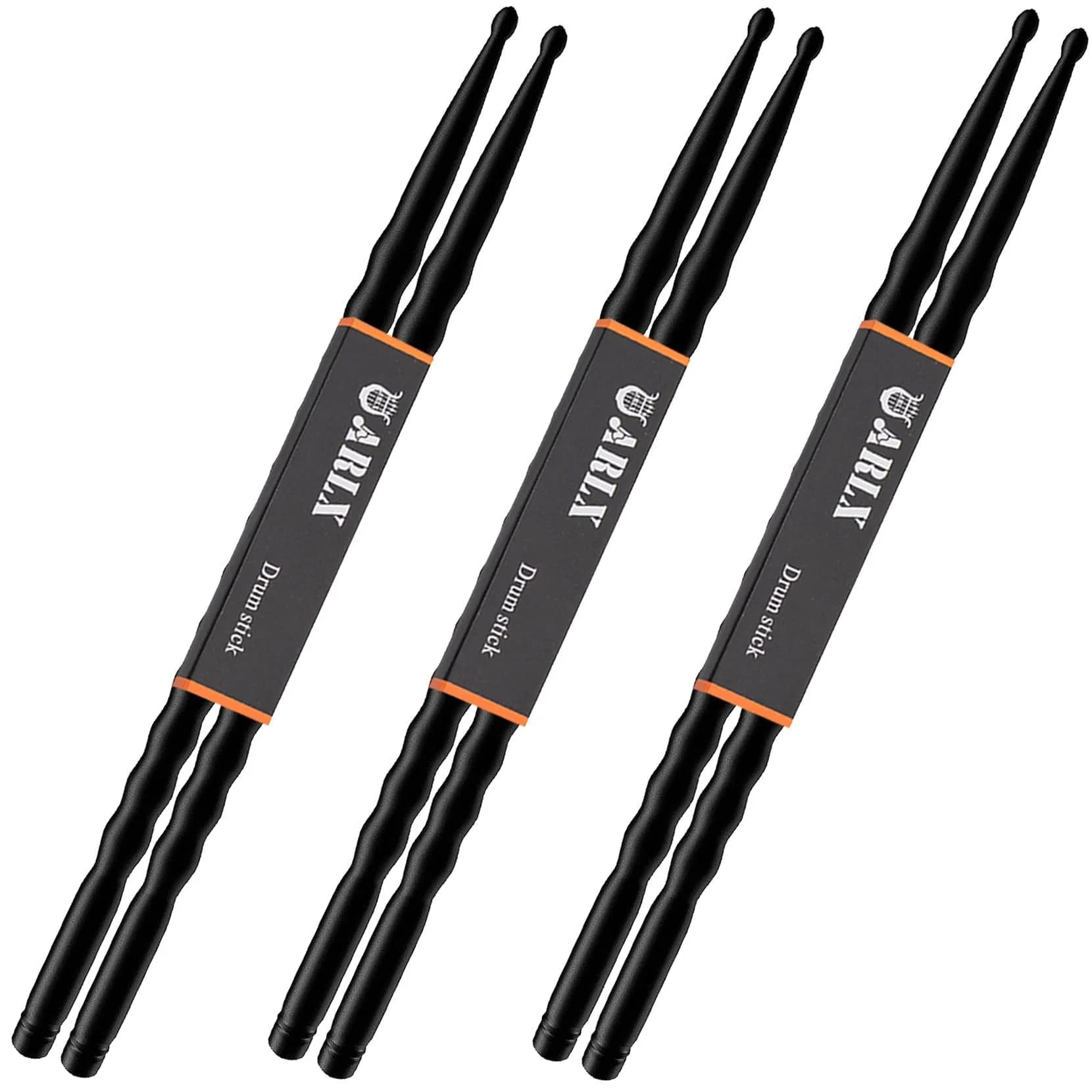 ARLX 5A Carbon Fiber Drum Sticks 3 Pair Orange | Durable & Patented Wave-Design — 3 Pair Black