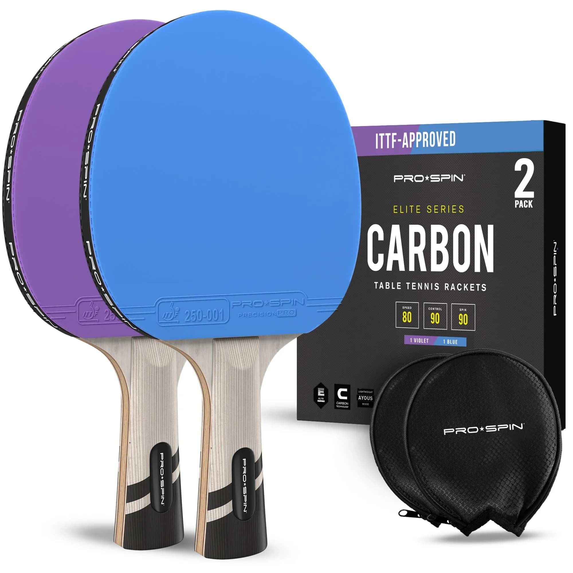 PRO-SPIN Carbon Fiber Table Tennis Rackets - Blue/Violet 2-Pack - main product image