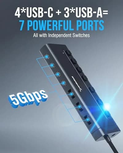 SABRENT 7-Port USB-C Hub, 48W Powered, 5Gbps, 3 USB-A + 4 USB-C (HB-3A4C) | Expands Connectivity for Mac, PC, Steam Deck, ROG Ally thumbnail 4