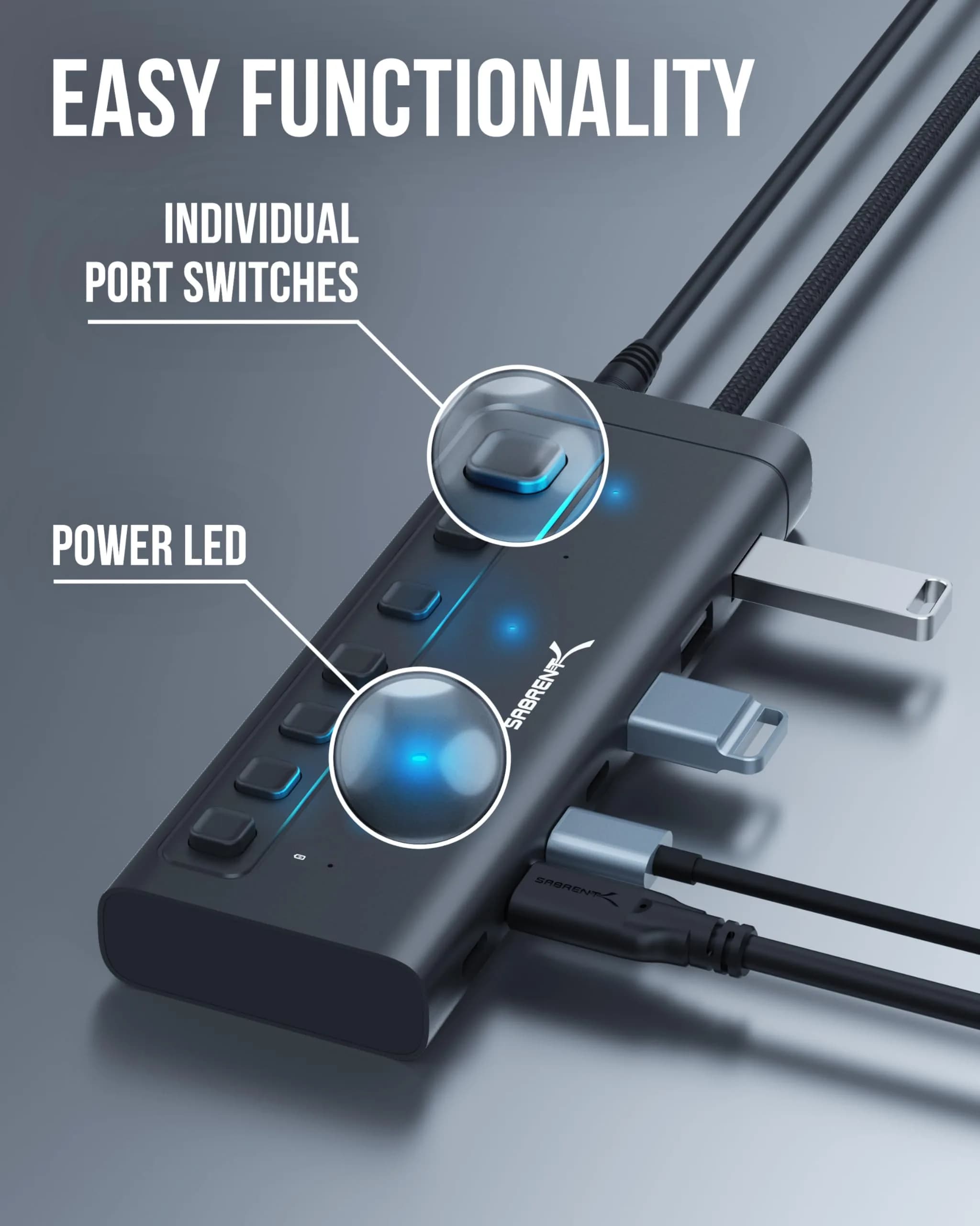 SABRENT 7-Port USB-C Hub, 48W Powered, 5Gbps, 3 USB-A + 4 USB-C (HB-3A4C) | Expands Connectivity for Mac, PC, Steam Deck, ROG Ally - view 2
