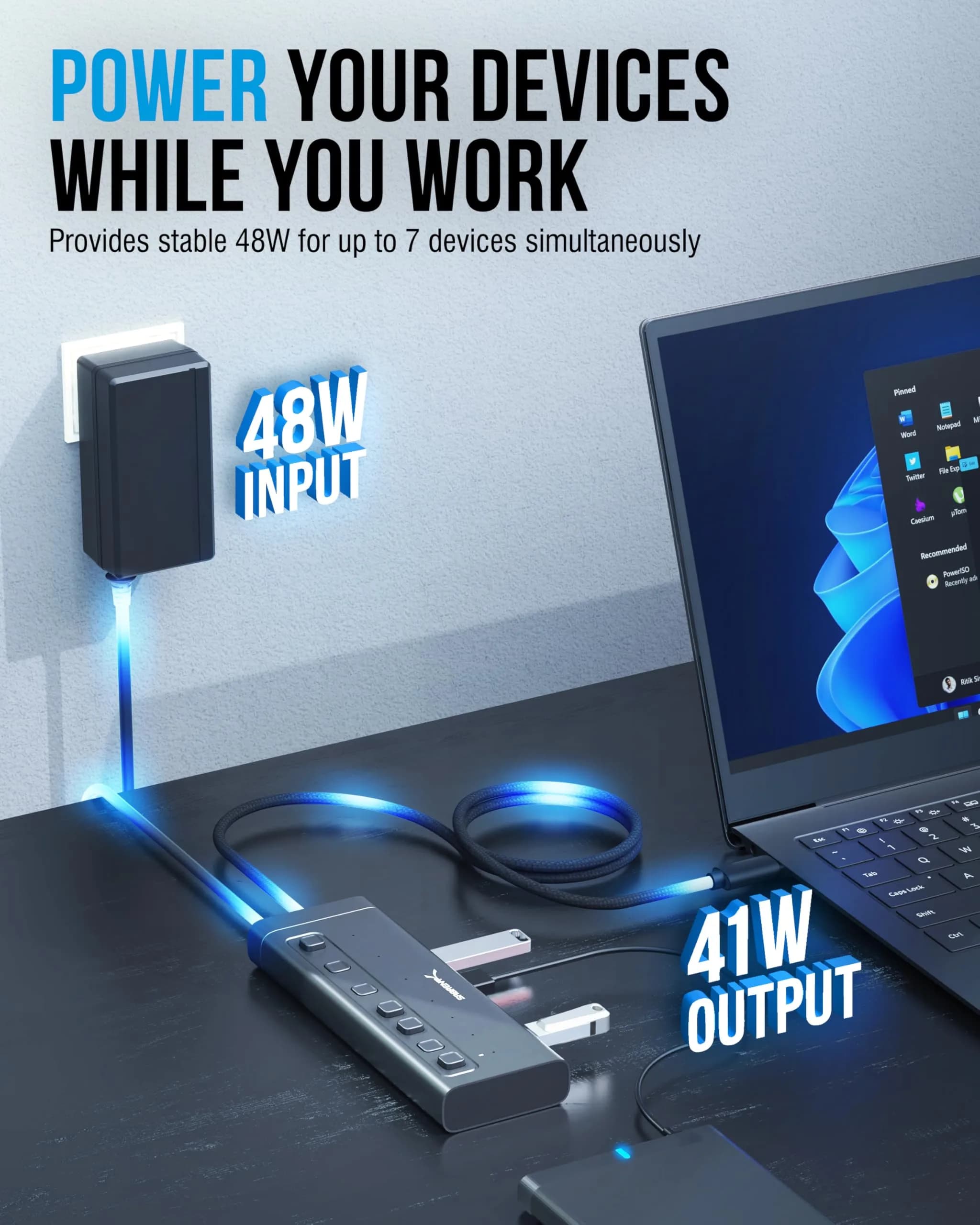 SABRENT 7-Port USB-C Hub, 48W Powered, 5Gbps, 3 USB-A + 4 USB-C (HB-3A4C) | Expands Connectivity for Mac, PC, Steam Deck, ROG Ally - view 3