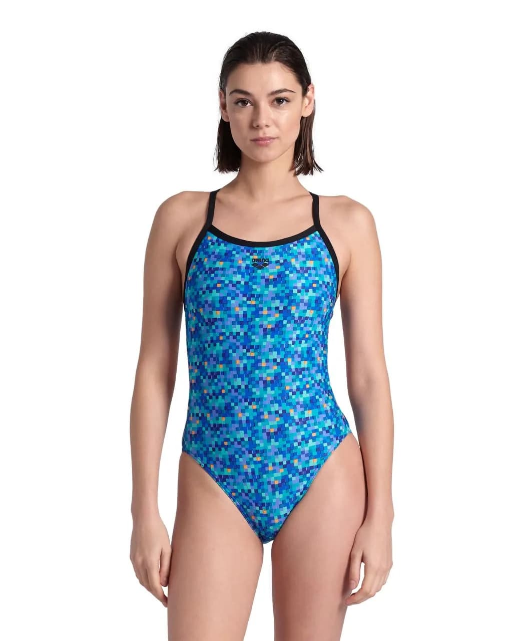 ARENA Women's Pool Tiles Challenge Back One Piece Swimsuit MaxLife, Black/Blue Multi, US Size 24 | Chlorine-Resistant & Eco-Friendly — Black/Blue Multi