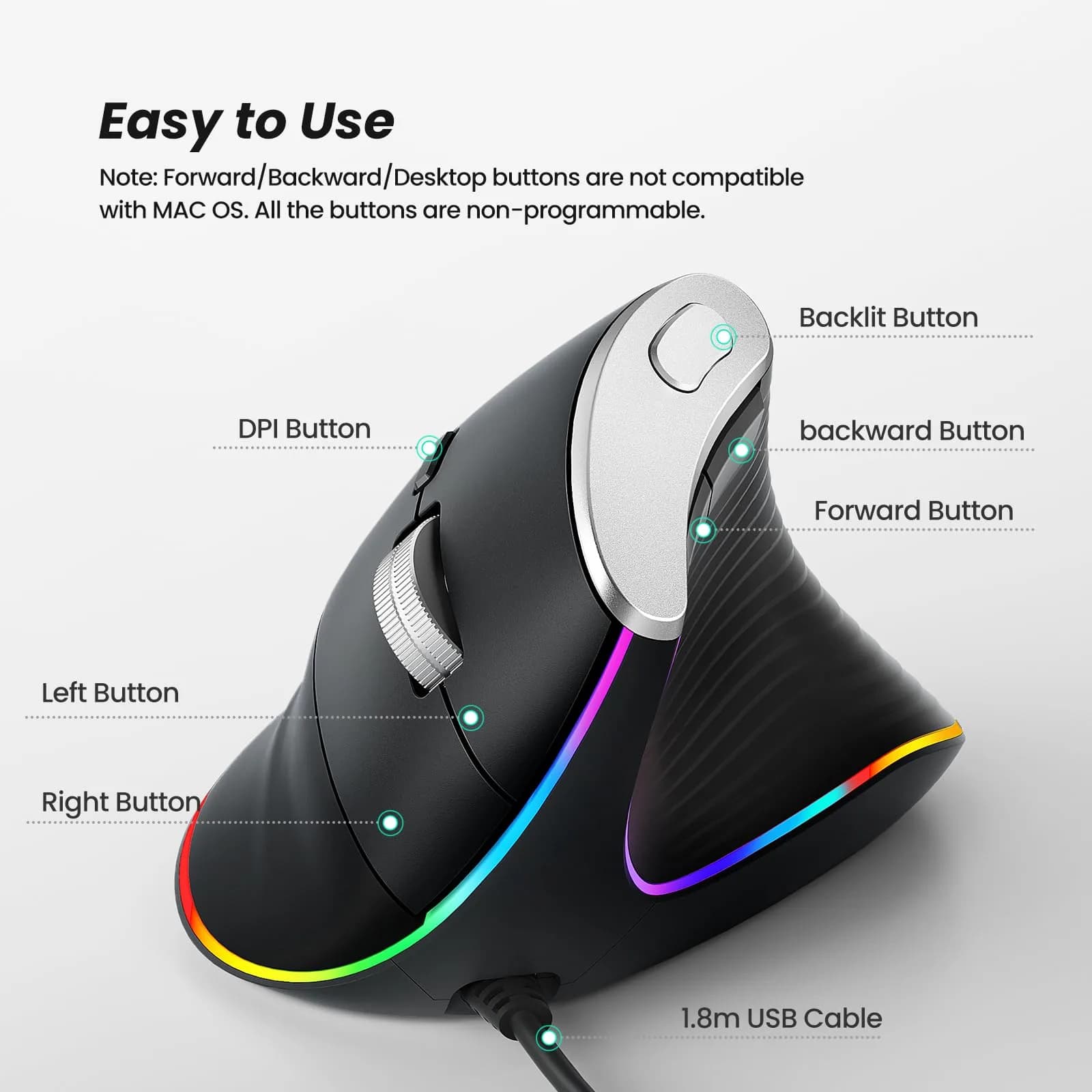 Nulea M504 Wired Vertical Ergonomic Mouse - B-Black, 4-Level DPI & RGB Lighting - view 4