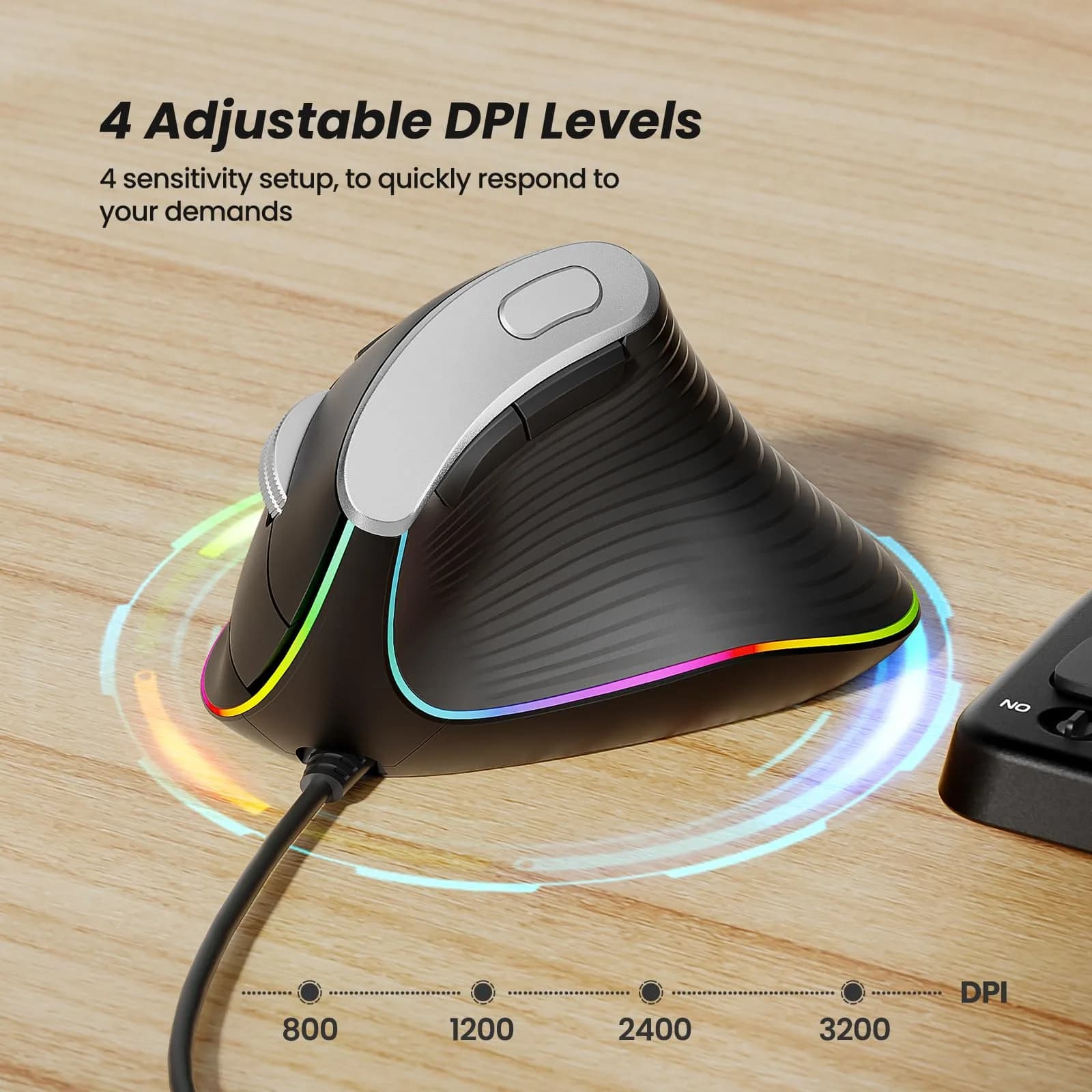 Nulea M504 Wired Vertical Ergonomic Mouse with 4 Adjustable DPI & 11 RGB Modes, Right Hand, Black (1 Unit) - view 6