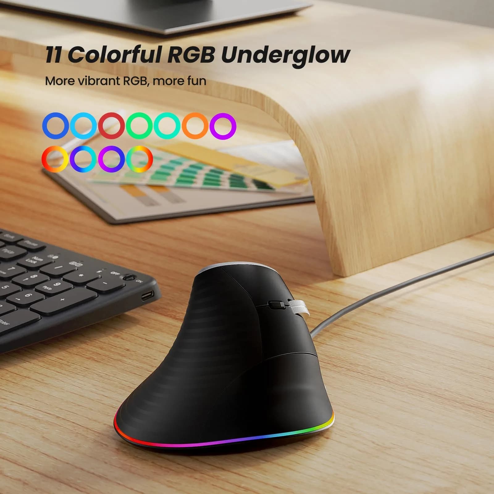 Nulea M504 Wired Vertical Ergonomic Mouse with 4 Adjustable DPI & 11 RGB Modes, Right Hand, Black (1 Unit) - view 7
