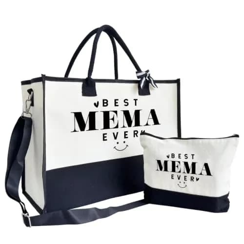 SUSZDOU Gift for Best Mema Ever Large Canvas Beach Bag with Inner Pocket and Makeup Pouch | Reusable Travel Shoulder Bag for Women thumbnail 1