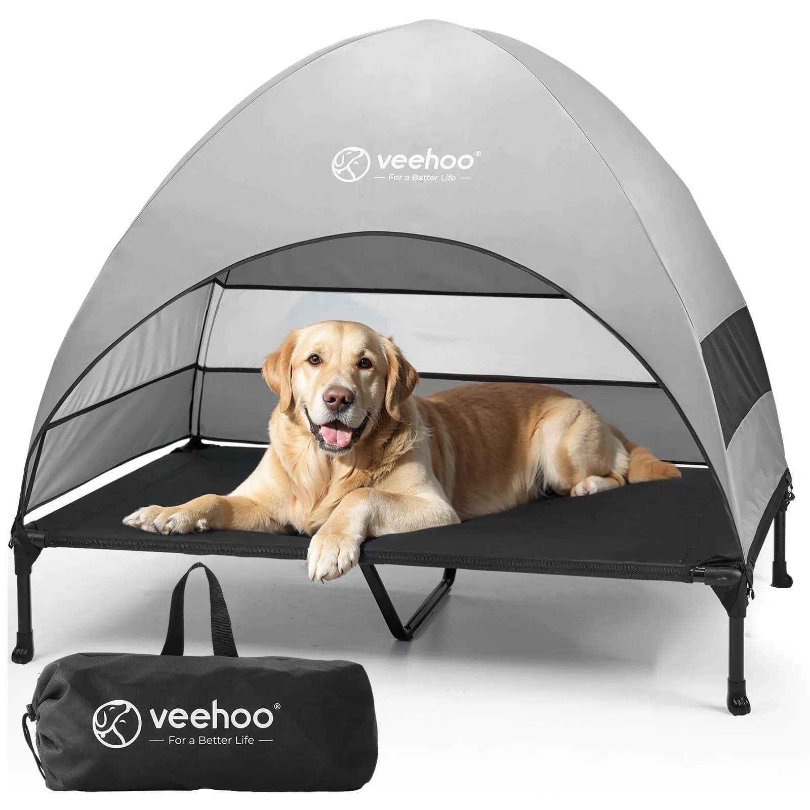 Veehoo Elevated Dog Bed with Canopy, Cooling Outdoor Pet Cot 124cm x 84cm x 108cm | Heavy Duty 68kg Capacity — Black