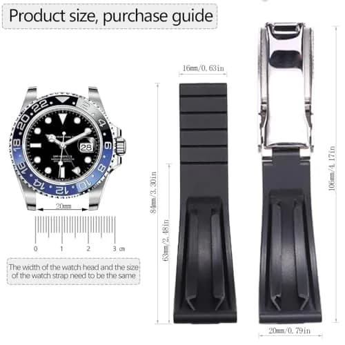 Feyert 20mm Fluororubber Watch Band with Silver Deployment Buckle | Classic Style for Rolex & Other Watches thumbnail 3