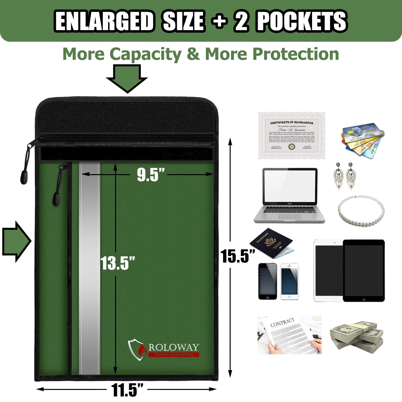 ROLOWAY 15.5 x 11.5 Inch Green 5200℉ Fireproof Document Bag with 2 Pockets - view 3