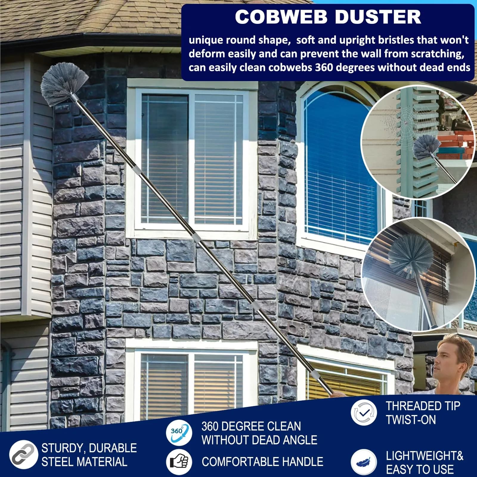 Toromp High Reach Cobweb Duster Kit with 14 Ft Extension Pole & Washable Heads | Cleans up to 20 Ft High - view 5