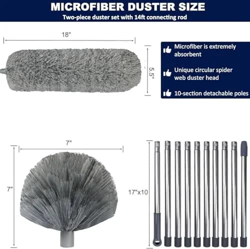 Toromp High Reach Cobweb Duster Kit with 14 Ft Extension Pole & Washable Heads | Cleans up to 20 Ft High thumbnail 2