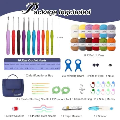Yarniss Crochet Kit for Beginners, All in One Crochet Kits with 12 Yarn Skeins & 10 Ergonomic Hooks, Adult Crafting Set (Navy) thumbnail 5