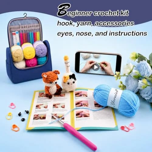 Yarniss Crochet Kit for Beginners, All in One Crochet Kits with 12 Yarn Skeins & 10 Ergonomic Hooks, Adult Crafting Set (Navy) thumbnail 2