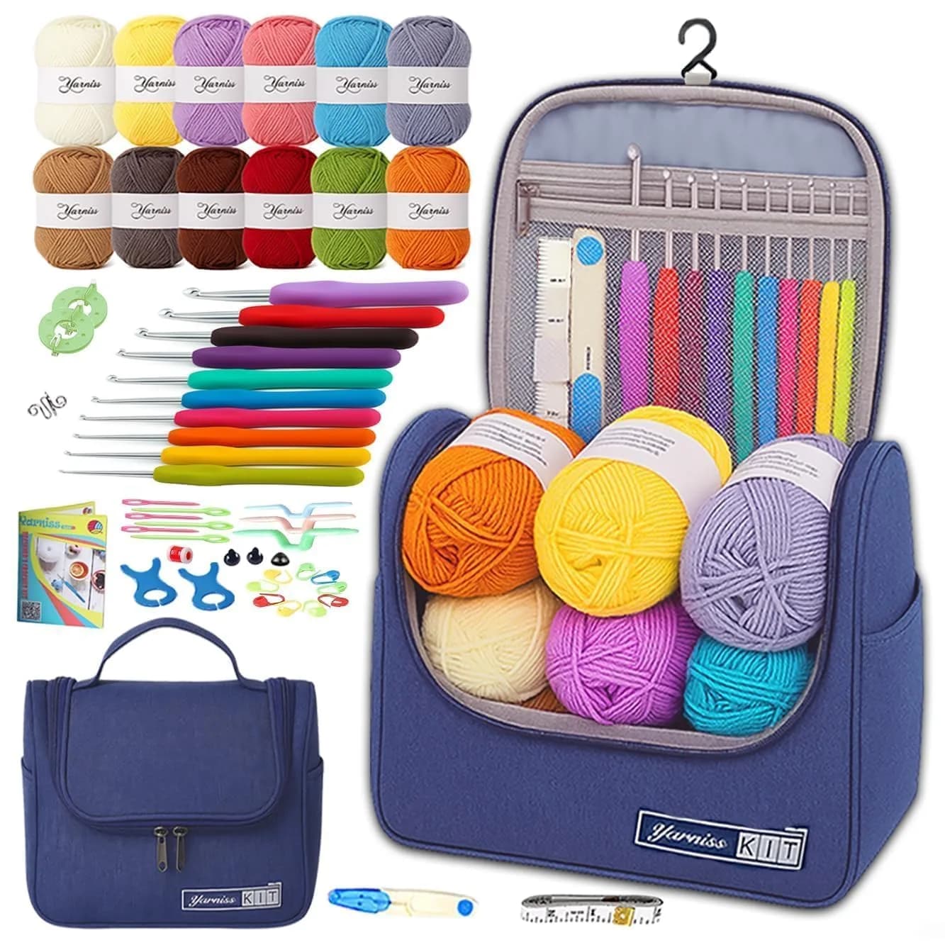 Yarniss Crochet Kit for Beginners, All in One Crochet Kits with 12 Yarn Skeins & 10 Ergonomic Hooks, Adult Crafting Set (Navy) - main product image